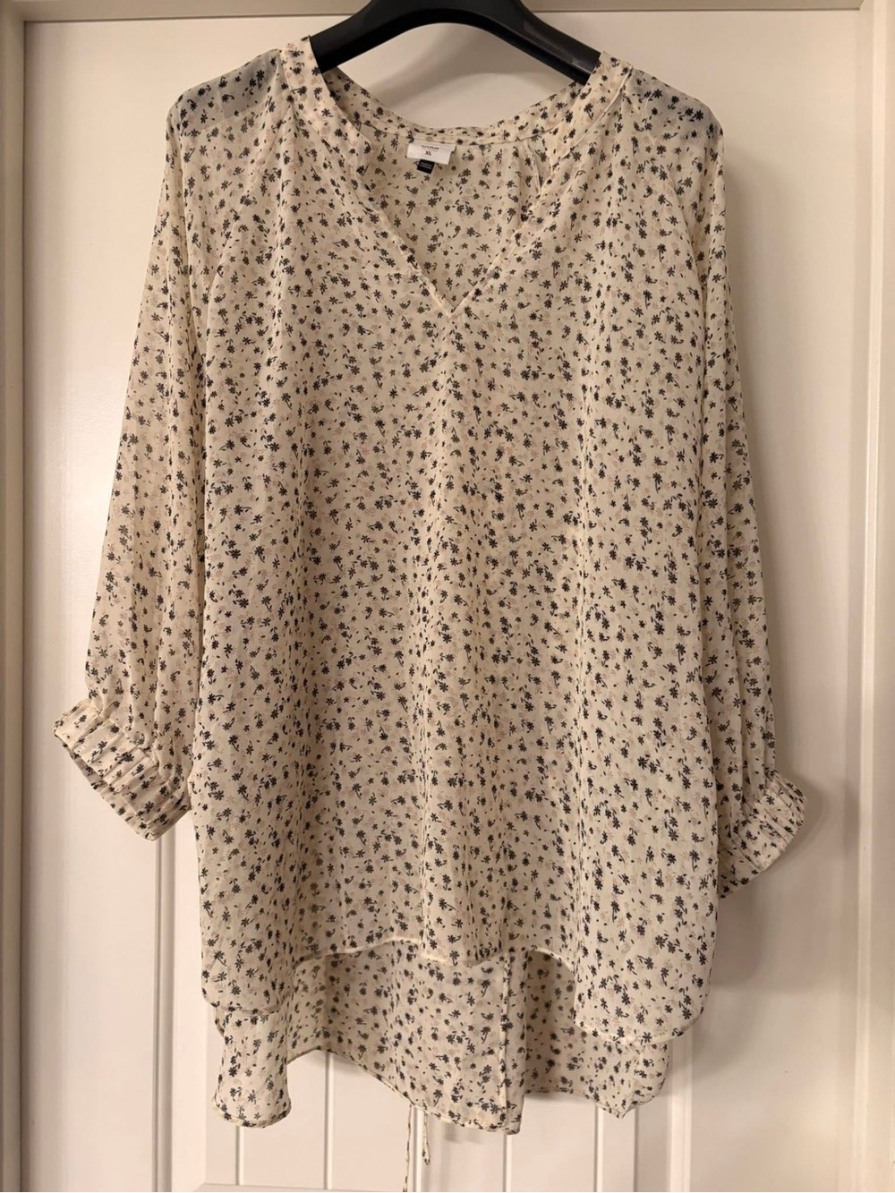 CAbi Cream V-Neck Tunic with Navy Floral Print